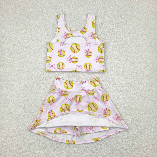 GSD2045 Yoga Outfit Purple Pink bows baseball sleeveless top skirts shorts Girls Boutique Summer clothes  202504 RTS