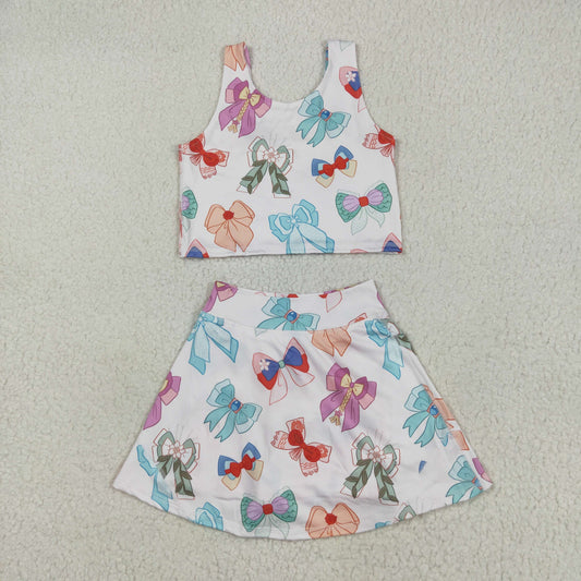 GSD2046 Yoga Outfit Colored bows Beige sleeveless top skirts shorts Girls Boutique Summer clothes  202505 RTS