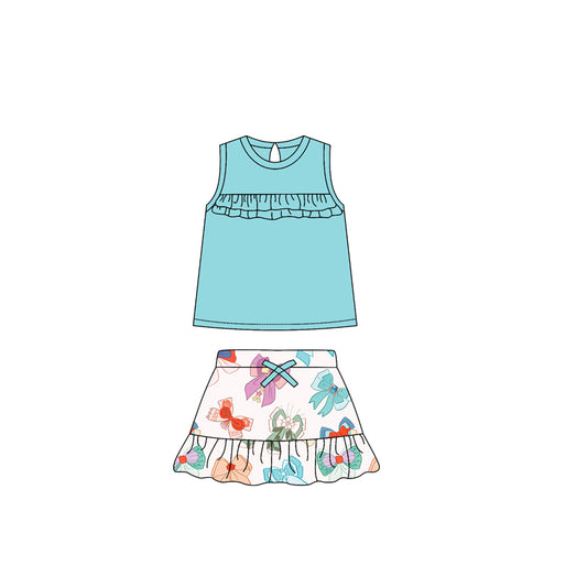 Preorder GSD2051 Blue Green sleeveless top colored bows skirts shorts set Girls Boutique Summer clothes  202502