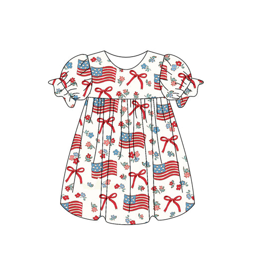 Preorder GSD2052 USA National Day Flower Bows Flag Red Blue short sleeve dress Girls Boutique Summer outfit 202502