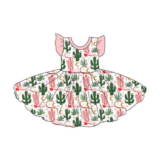Preorder GSD2057 Pink Green western rodeo cowgirl ruffle cactus boots flying sleeve dress Girls Boutique Summer outfit 202502