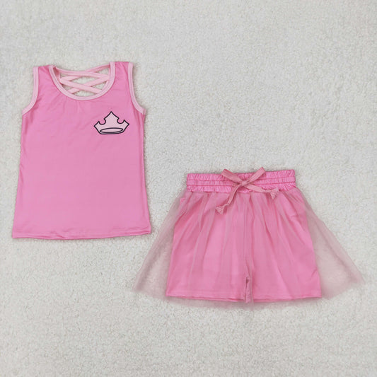 GSD2066 pure pink crown Milk silk sleeveless top skirts shorts girls boutique clothes  202503 RTS