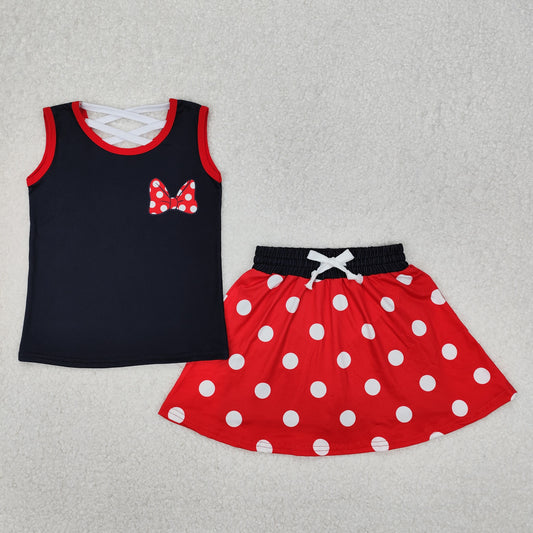 GSD2069 Black Red Dot Bow Milk Silk Sleeveless Top Skirts Shorts Girls Boutique Summer Clothes  202503 RTS