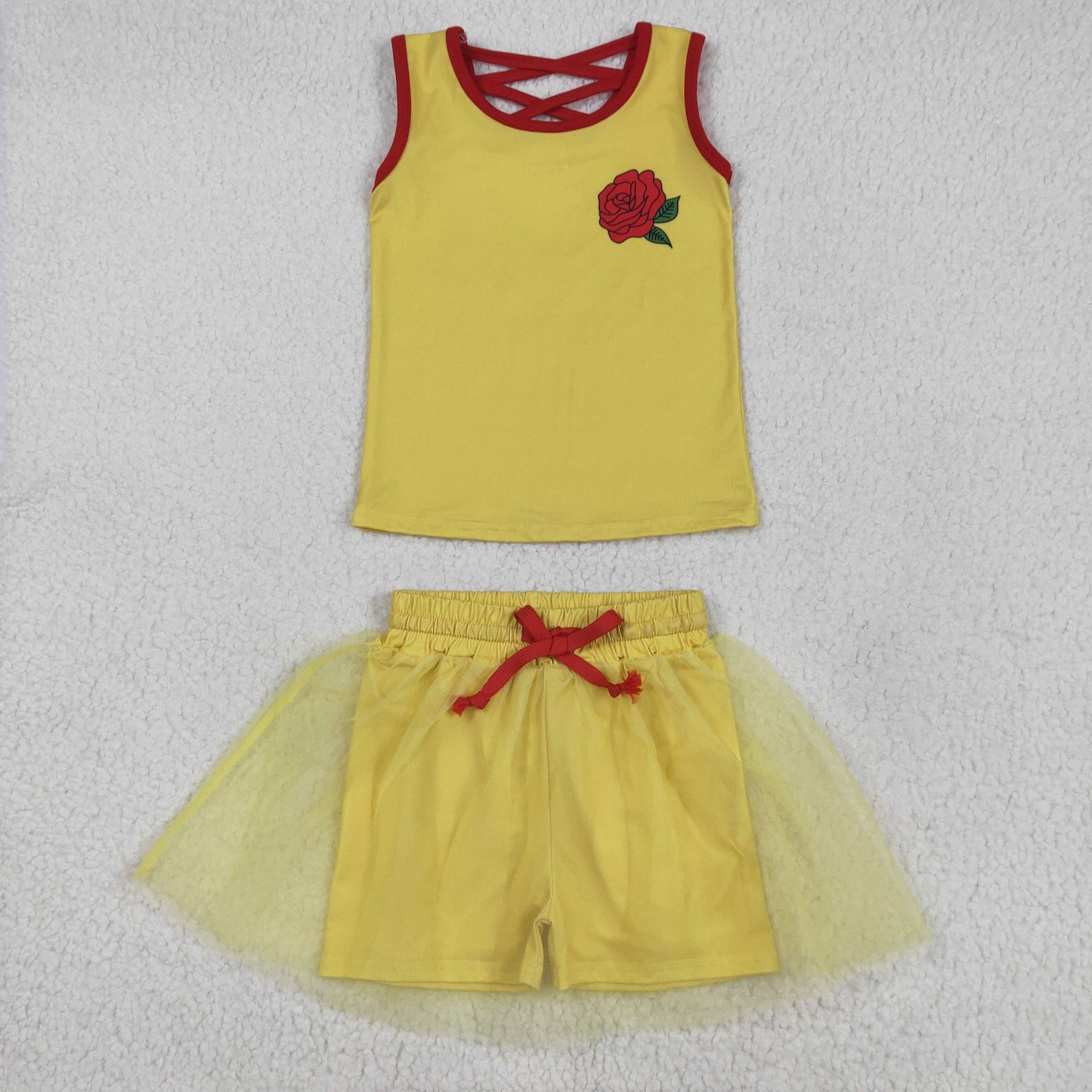 GSD2070 Yellow red flower Milk silk sleeveless top skirts shorts Girls Boutique Summer clothes  202505 RTS