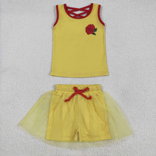 GSD2070 Yellow red flower Milk silk sleeveless top skirts shorts Girls Boutique Summer clothes  202505 RTS