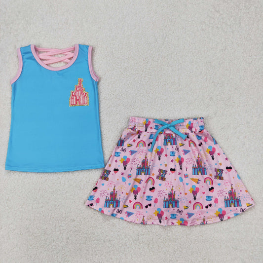 GSD2072 Blue Pink Princess Castle Milk silk sleeveless top skirts shorts Girls Boutique Summer clothes  202503 RTS
