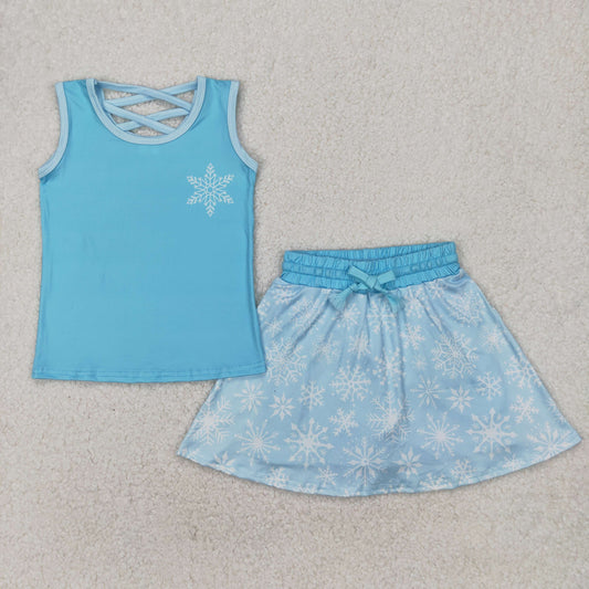 GSD2074 Mint Blue snowflake  Milk silk sleeveless top skirts shorts Girls Boutique Summer clothes  202503 RTS