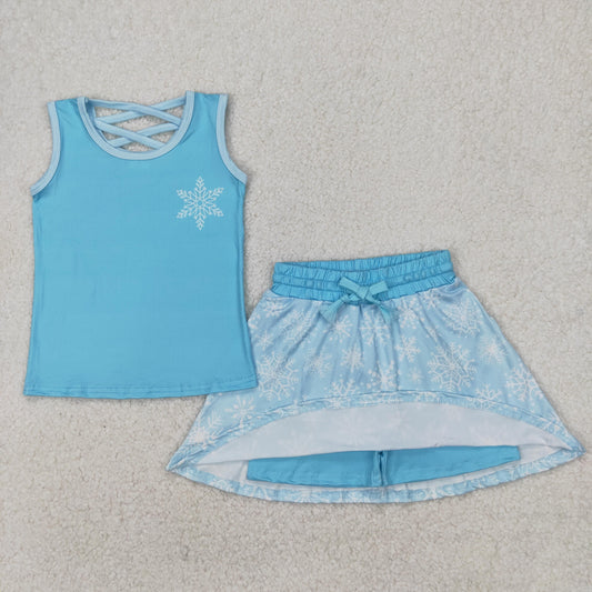 GSD2074 Mint Blue snowflake  Milk silk sleeveless top skirts shorts Girls Boutique Summer clothes  202503 RTS
