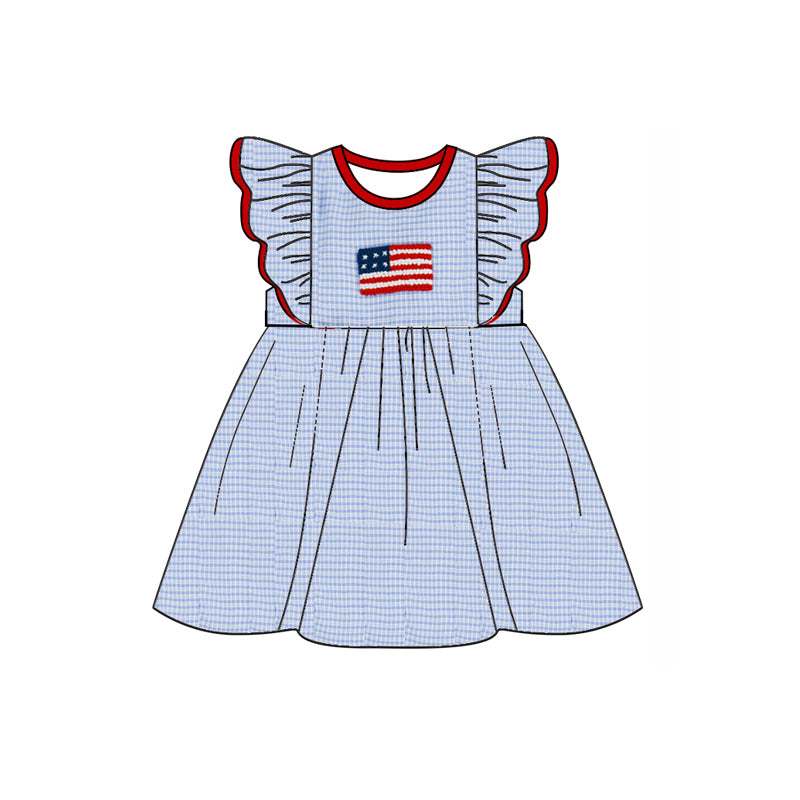 Preorder GSD2081 National day Flag Red fly sleeve blue plaid dress Girls Boutique Summer outfit 202502