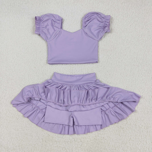GSD2099 Yoga Outfit Pure Purple  Lantern sleeve short sleeve top skirts shorts Girls Boutique outfit 202505 RTS