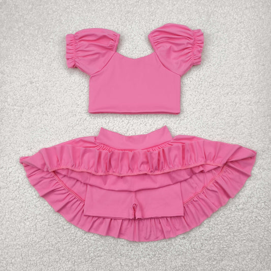 GSD2102 Yoga Outfit Pure Hot Pink Lantern sleeve short sleeve top skirts shorts Girls Boutique outfit 202504 RTS
