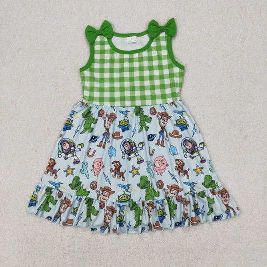GSD2107 green plaid bows cartoon short sleeve dress girls boutique outfits 202503 RTS