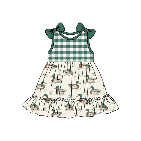 preorder GSD2108 Dark green plaid bows duck hunting short sleeve dress Girls Boutique Summer outfit 202502