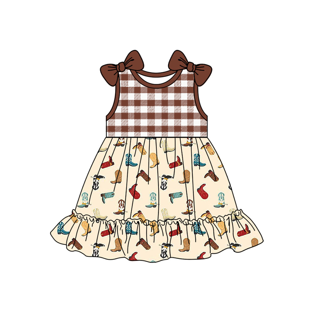 preorder GSD2109 Red Brown plaid bows boots short sleeve dress Girls Boutique Summer outfit 202502