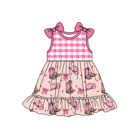 preorder GSD2110 hot pink plaid bows hat boots short sleeve dress Girls Boutique Summer outfit 202502