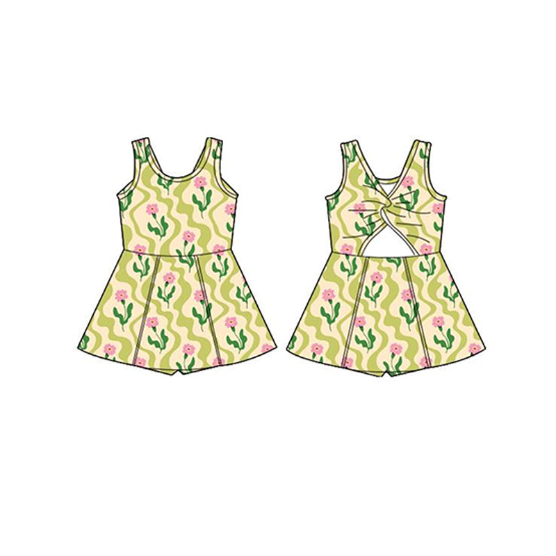 Preorder GSD2112 Yellow Green flower yoga dress girls boutique sleeveless dress 202502