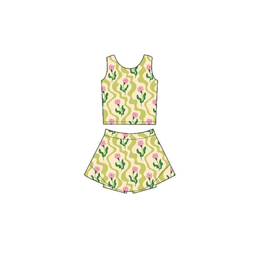 Preorder GSD2119 Yoga Outfit Yellow Green flower sleeveless top skirts shorts Girls Boutique outfit 202502