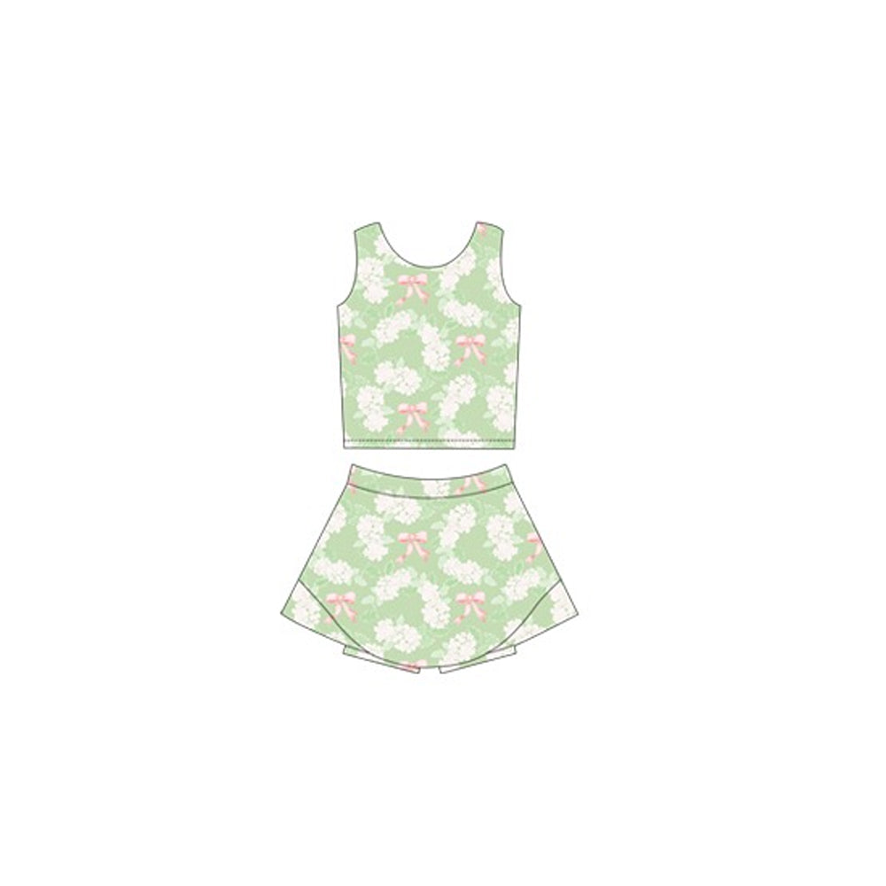 Preorder GSD2123 Yoga Outfit Light Green flower bows sleeveless top skirts shorts Girls Boutique outfit 202502