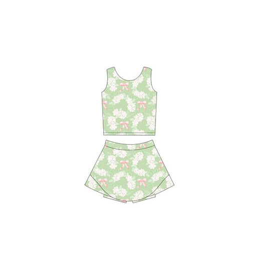 Preorder GSD2123 Yoga Outfit Light Green flower bows sleeveless top skirts shorts Girls Boutique outfit 202502