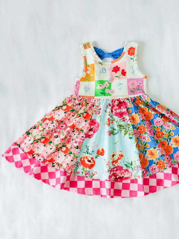 MOQ 5 PCS Preorder GSD2125 Red Flowers Plaid Bow sleeveless dress girls boutique dress 202502