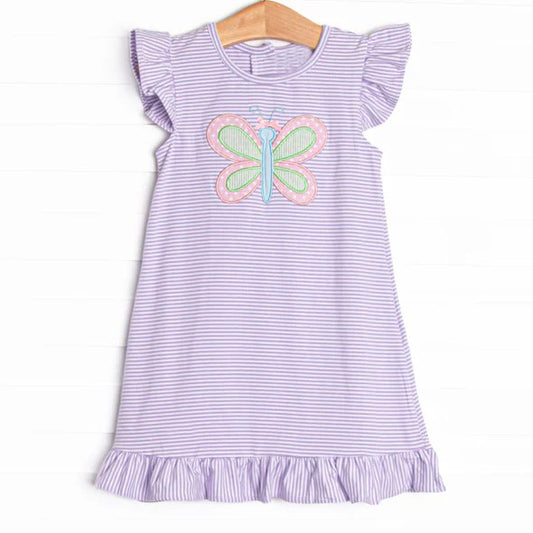 Preorder GSD2128 Purple Striped Bow Flying short sleeve dress girls boutique dress 202502
