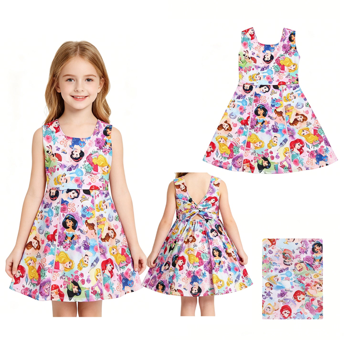 New GSD2136 Cartoon Disney Princess Pattern Pink Flower Sleeveless Yoga Dresses for Girls 202605 RTS