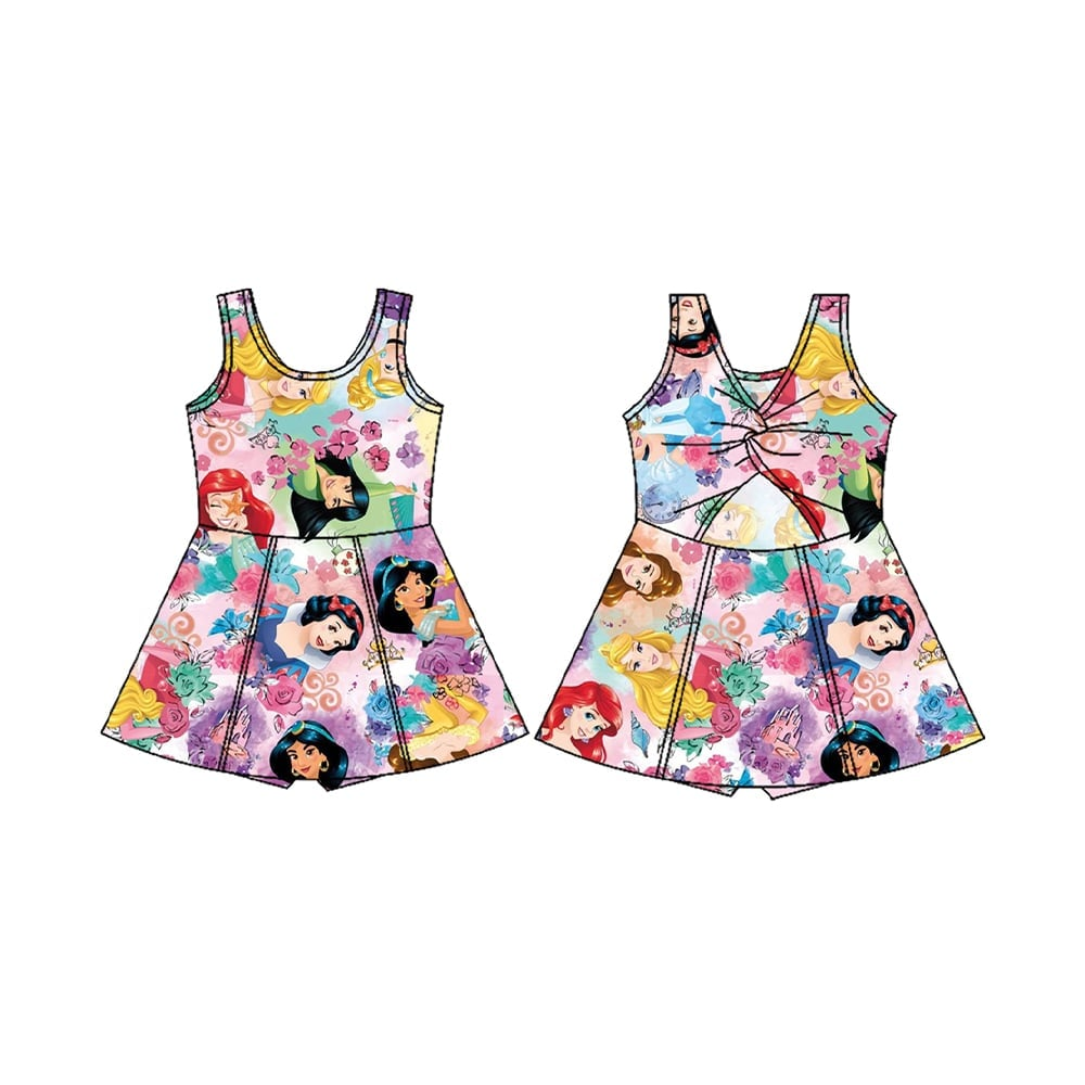 GSD2136 Yoga outfit Disney Princess pattern Pink Flower sleeveless Dress shorts Girls clothes  202503 RTS