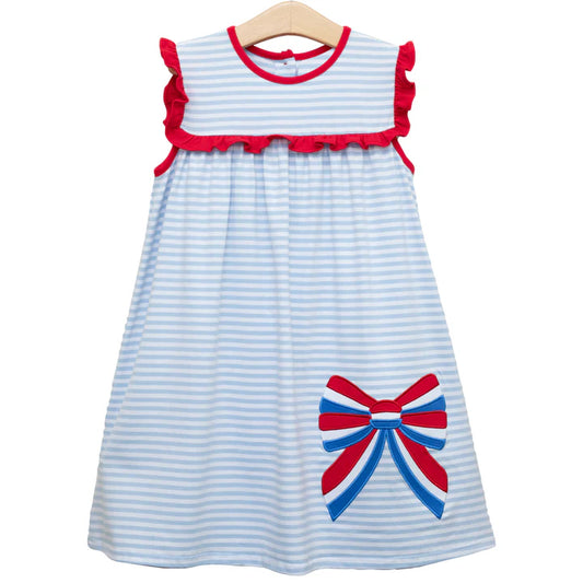 preorder GSD2137 Red Blue Ruffle Bows sleeveless Dress Independence Day Smocked Girls clothes 202502