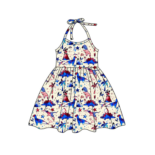 preorder GSD2140 4th of July Beige Dinosaur Star Halter Sleeveless Dress Girls boutique outfit 202502