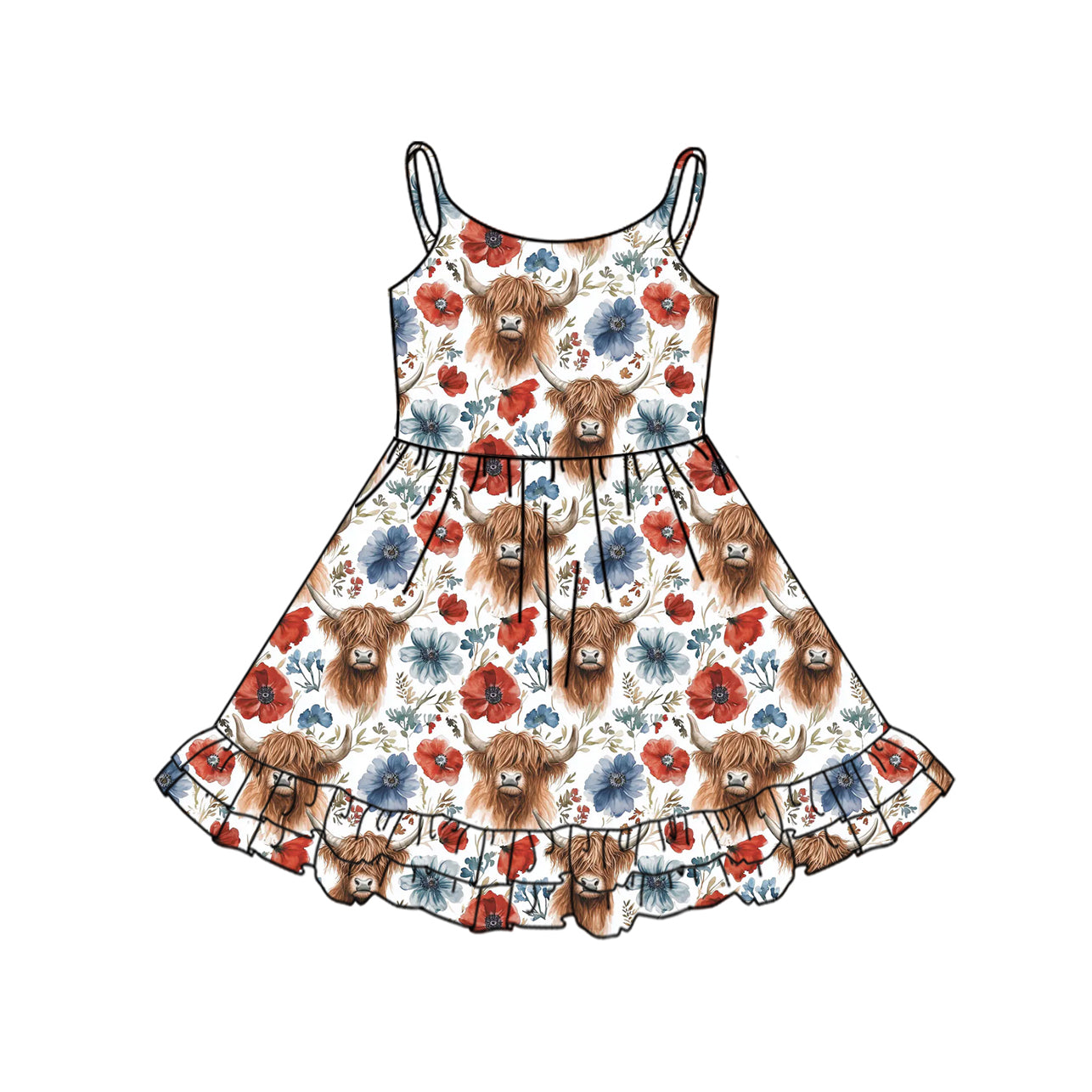 preorder GSD2143 Red Blue Cow flower Sleeveless Dress Girls boutique outfit 202502