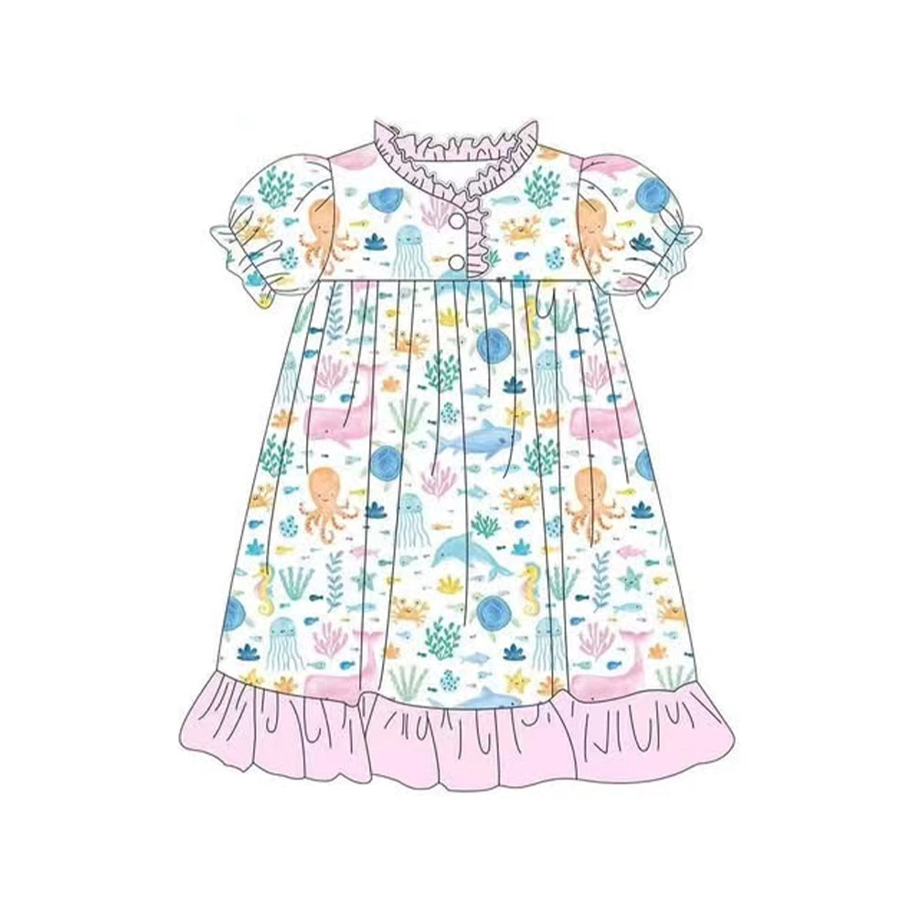 preorder GSD2144 Pink Marine animal ruffle short sleeve Dress Girls boutique outfit 202502