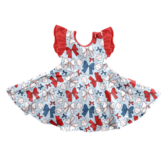 preorder GSD2149 Red Blue Baseball Bows Ruffle Fly Sleeve Dress Girls boutique outfit 202502