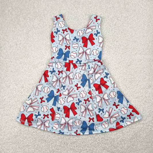 GSD2150 4th of July Yoga outfit Red Blue Baseball Bows Star Sleeveless Dress Shorts Girls clothes  202504 RTS