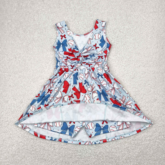 GSD2150 4th of July Yoga outfit Red Blue Baseball Bows Star Sleeveless Dress Shorts Girls clothes  202504 RTS