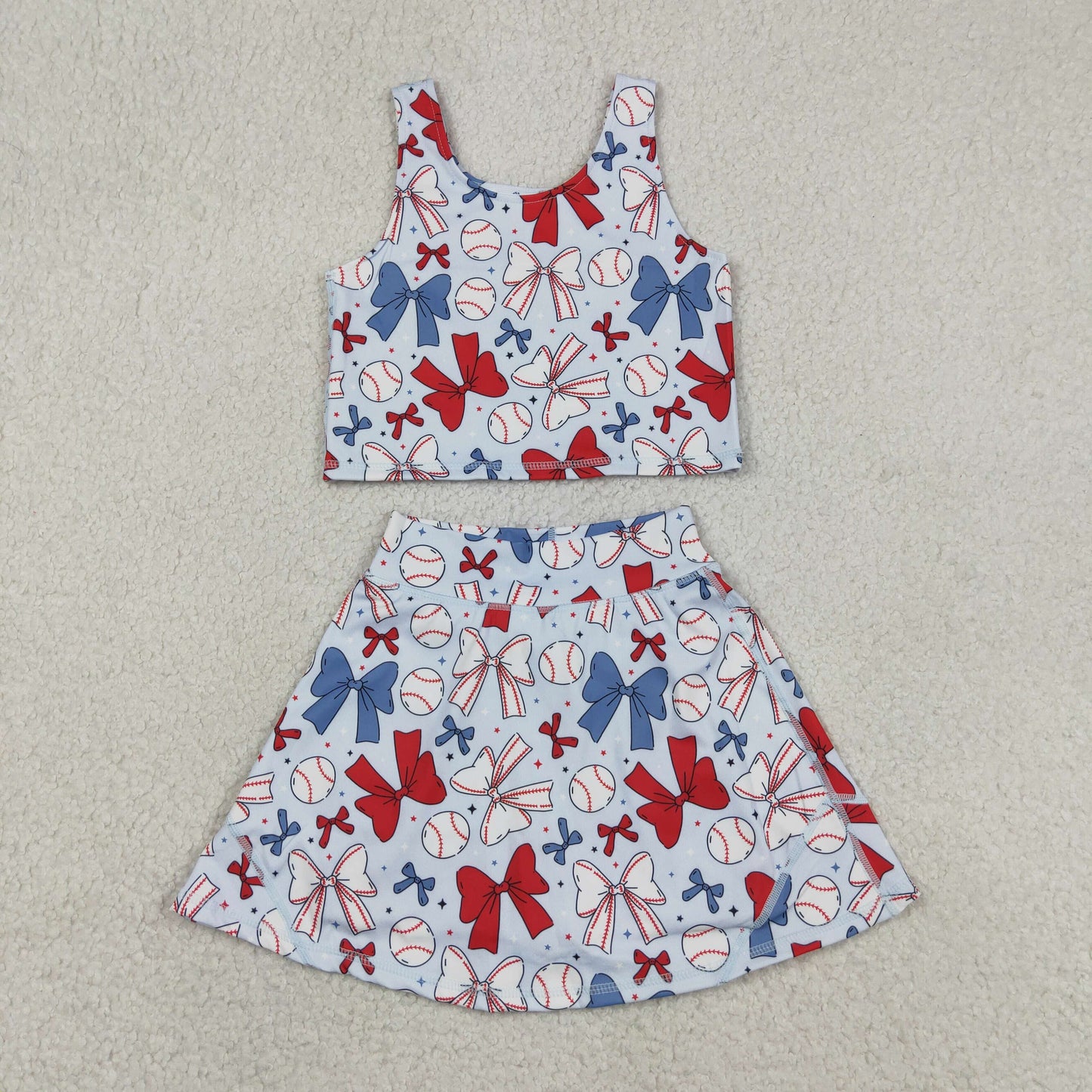 New GSD2151 Red Blue Baseball Bows Star Sleeveless Top Skirts Shorts 2 Pieces Girls Yoga Sets 202605 RTS