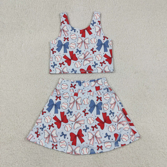 New GSD2151 Red Blue Baseball Bows Star Sleeveless Top Skirts Shorts 2 Pieces Girls Yoga Sets 202605 RTS