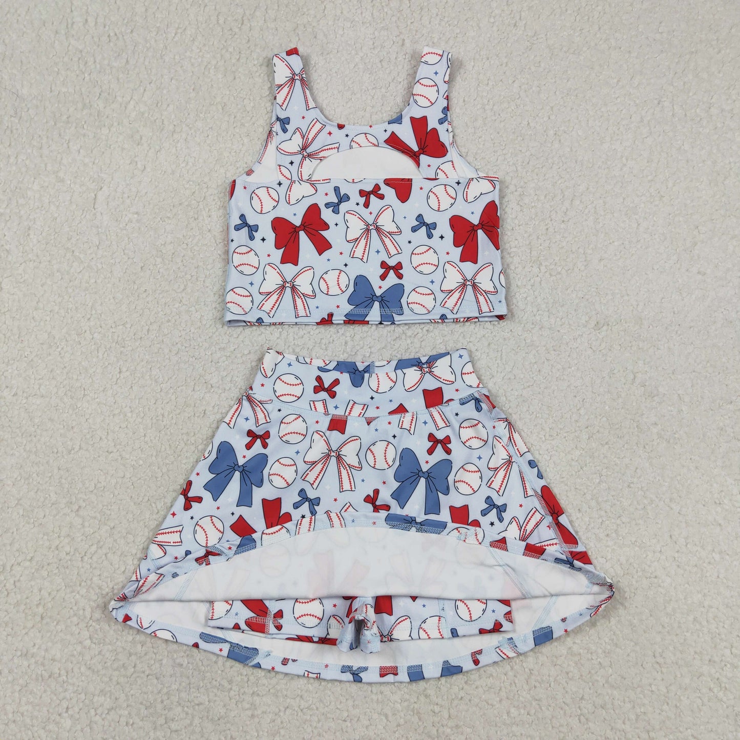 New GSD2151 Red Blue Baseball Bows Star Sleeveless Top Skirts Shorts 2 Pieces Girls Yoga Sets 202605 RTS