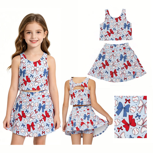 New GSD2151 Red Blue Baseball Bows Star Sleeveless Top Skirts Shorts 2 Pieces Girls Yoga Sets 202605 RTS