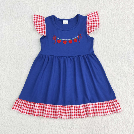 GSD2153 embroidered Red apple Navy Blue ruffle fly sleeve Dress Girls boutique outfit 202506 RTS