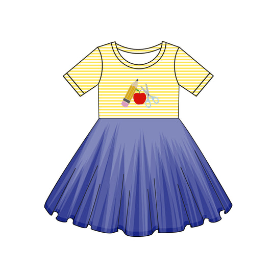 preorder GSD2155 Pencil Apple Yellow Striped Dark Purple Pleated short sleeve Dress Girls boutique outfit 202502