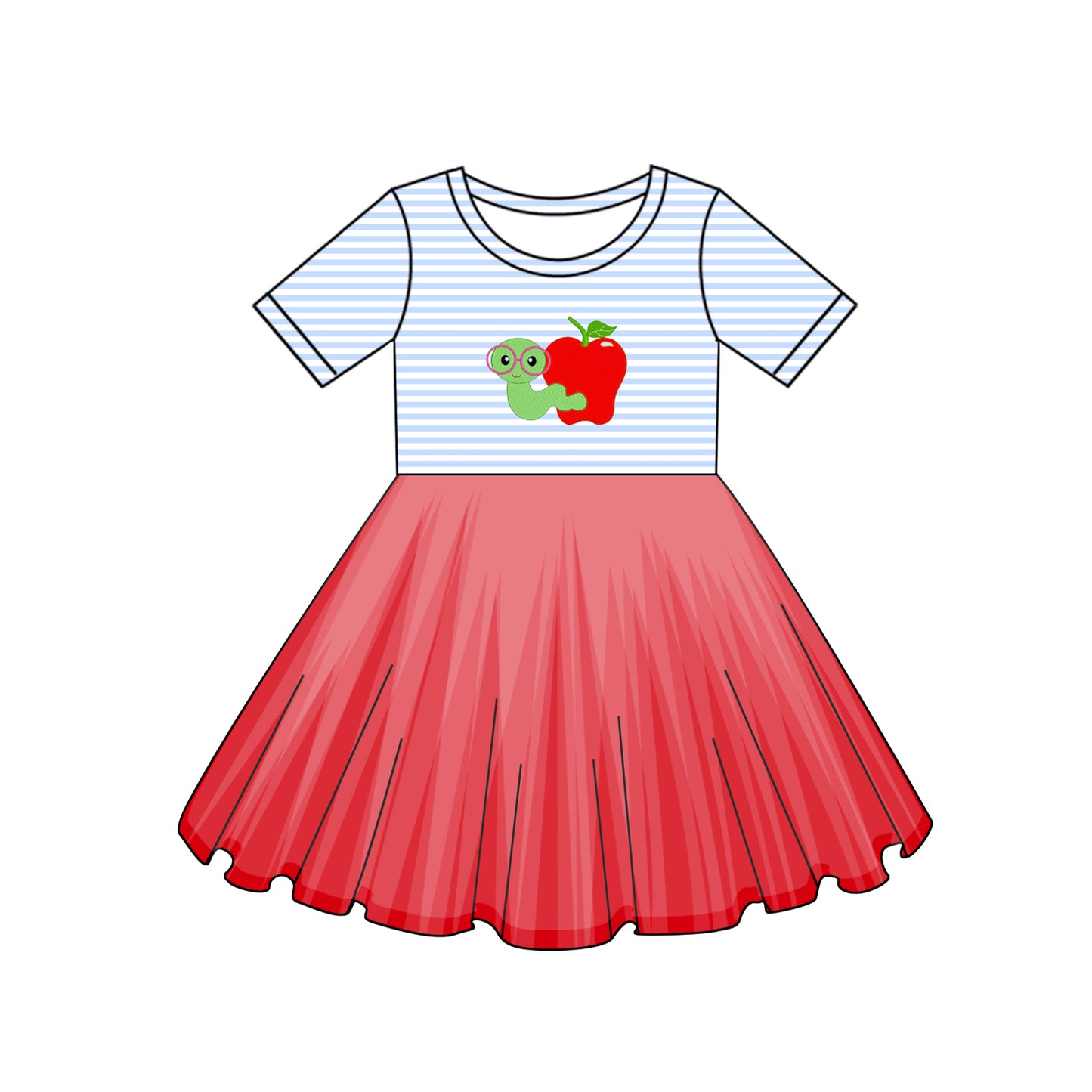 preorder GSD2156 Caterpillar Apple Blue Striped Red Pleated short sleeve Dress Girls boutique outfit 202502