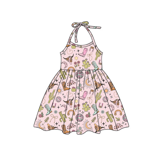 preorder GSD2170 Cactus Boots Pink Sleeveless Dress Girls Boutique clothes  202502