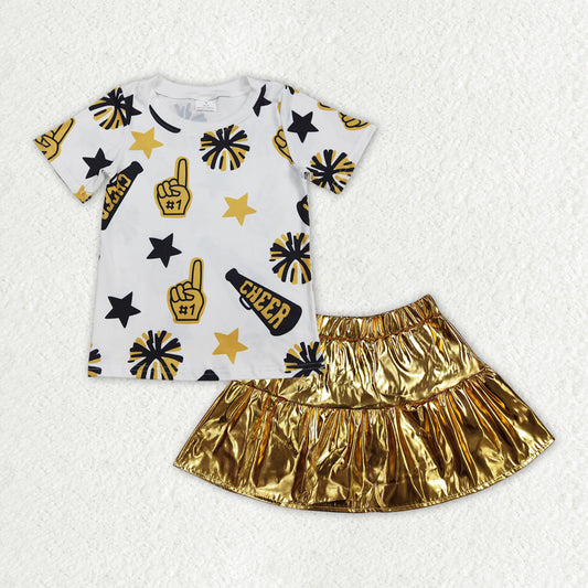 GSD2173 Cheer Star Fireworks White short sleeve top shining golden leather skirts sets girls boutique outfits 202503 RTS
