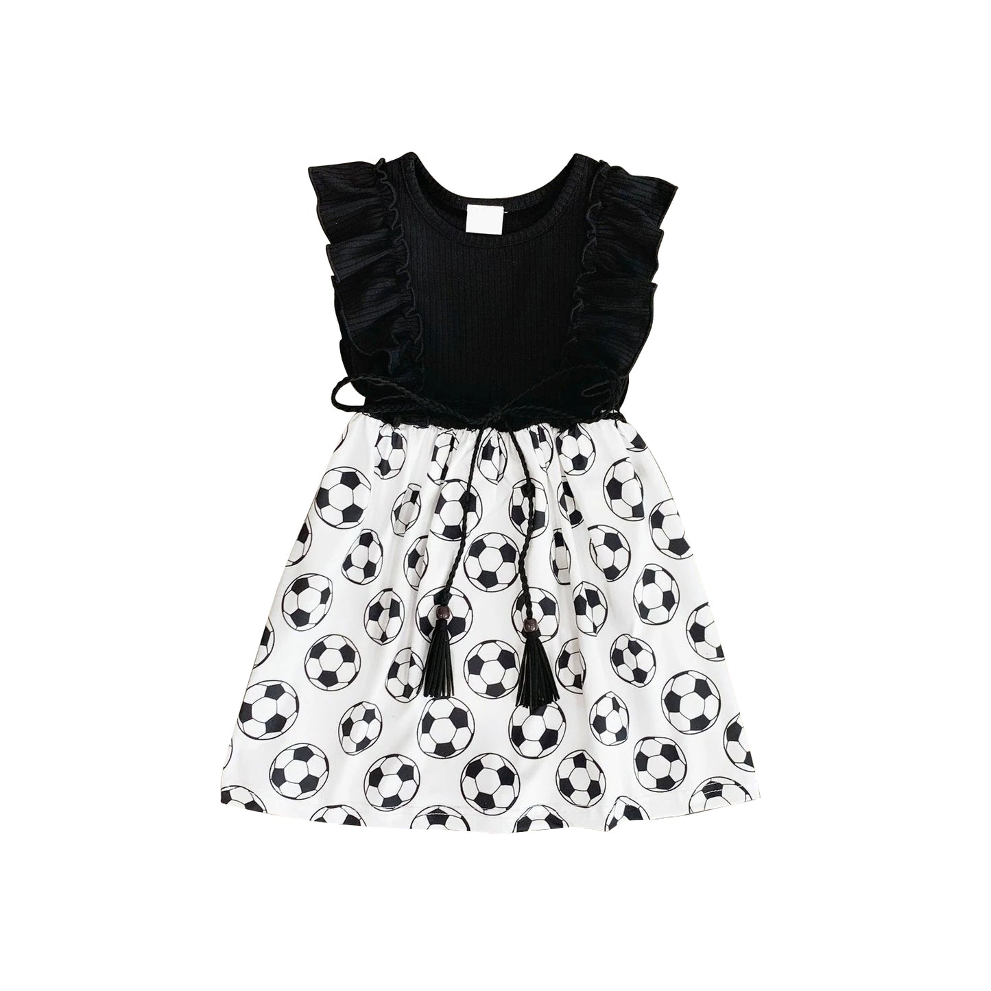 preorder GSD2174 Black White soccer ball  Sleeveless Dress Girls Boutique clothes  202503