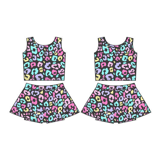 preorder GSD2176 Yoga outfit Colored leopard Grey Sleeveless top skirts shorts 2 pieces set Girls Boutique outfit 202503