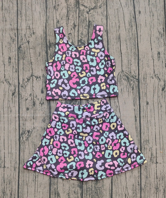 NO MOQ preorder GSD2176 Colored Leopard Sleeveless Top Skirts Shorts 2 pieces Girls Yoga Sets 202509