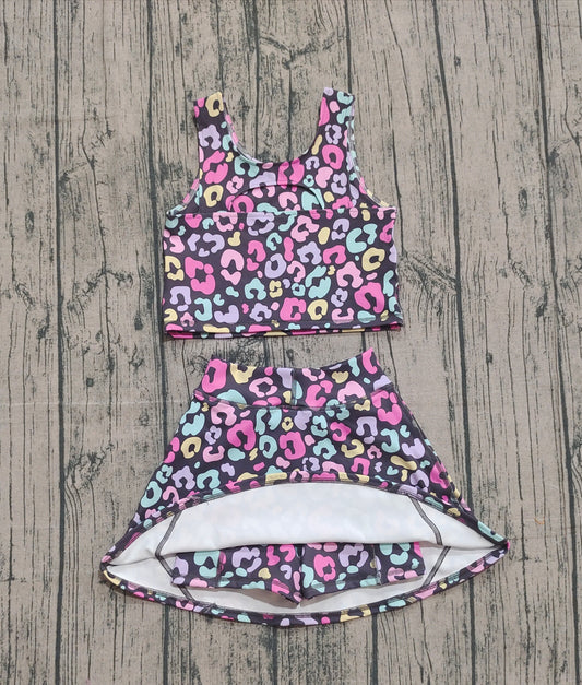 NO MOQ preorder GSD2176 Colored Leopard Sleeveless Top Skirts Shorts 2 pieces Girls Yoga Sets 202509
