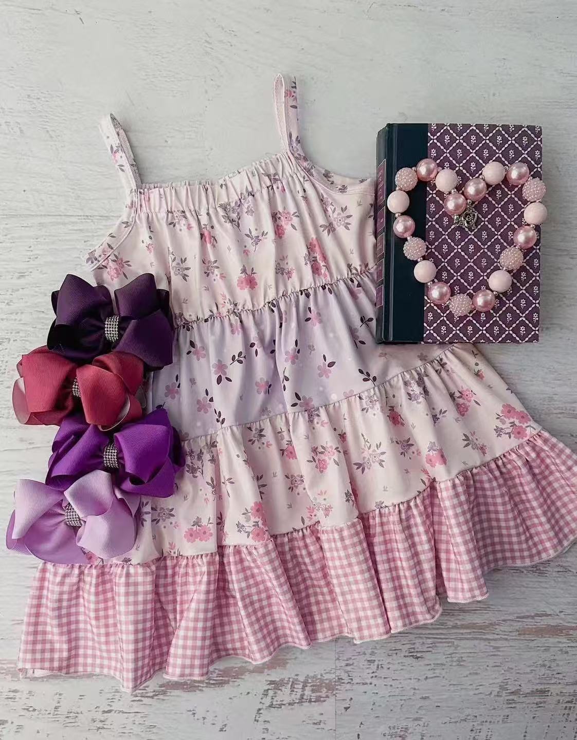 preorder GSD2189 Purple Pink Flower ruffle pleated sleeveless dress Girls Boutique clothes  202503