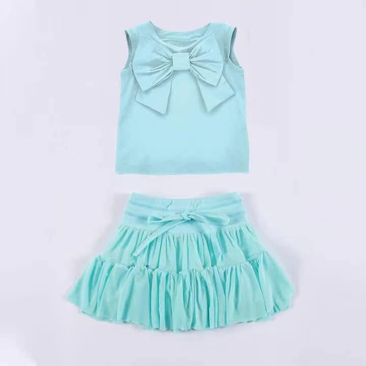 preorder GSD2194 Pure Cotton Mint Green Bow sleeveless Top Pleated skirt set girls boutique outfit 202503