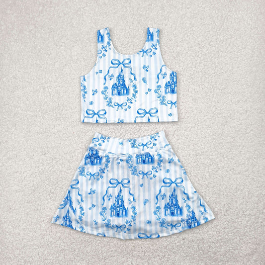 GSD2198 Yoga Outfits Blue Princess Castle sleeveless Top skirt shorts set girls boutique outfit 202504 RTS
